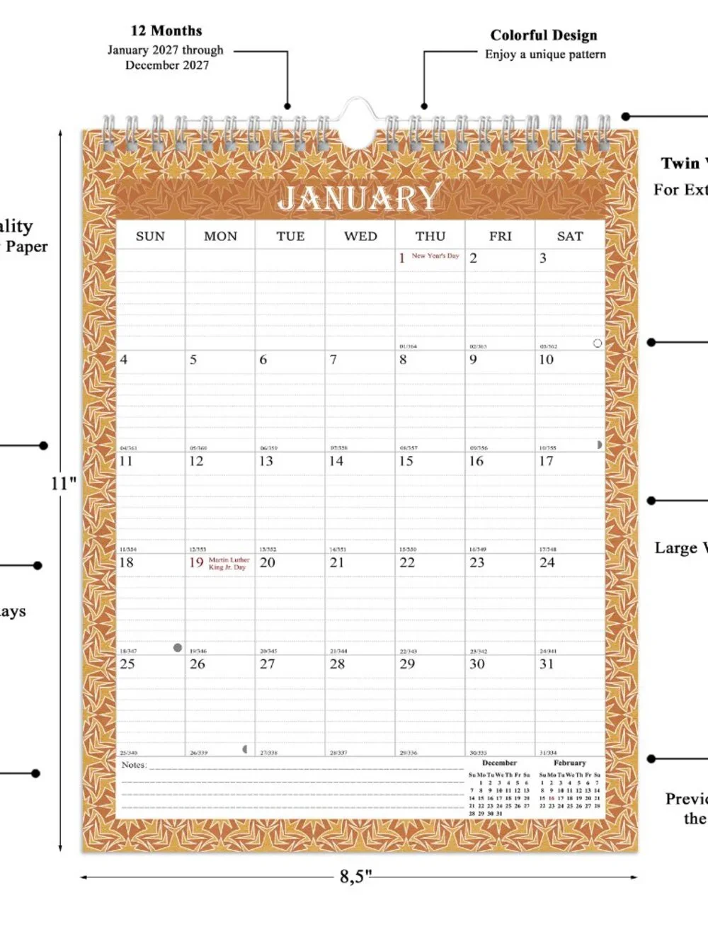 2027 Wall Calendar Spiral-bound Twin-Wire Binding - 12 Months 8.5